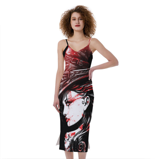 Halloween Vampire Girl Print Slim Fit Midi Cami Dress