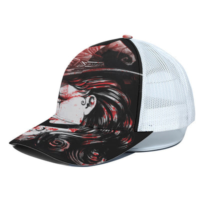 Halloween Vampire Girl Print White Mesh Trucker Cap