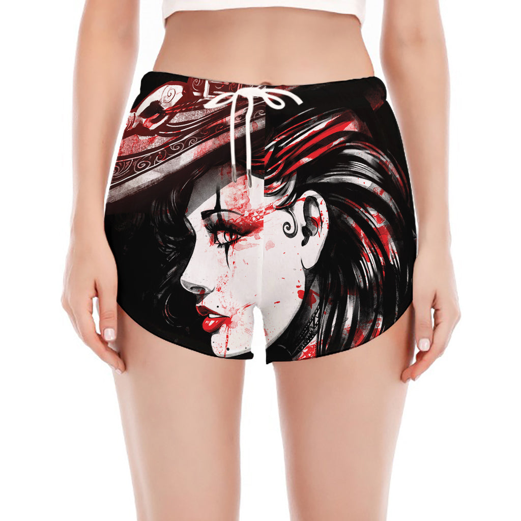 Halloween Vampire Girl Print Women's Split Running Shorts