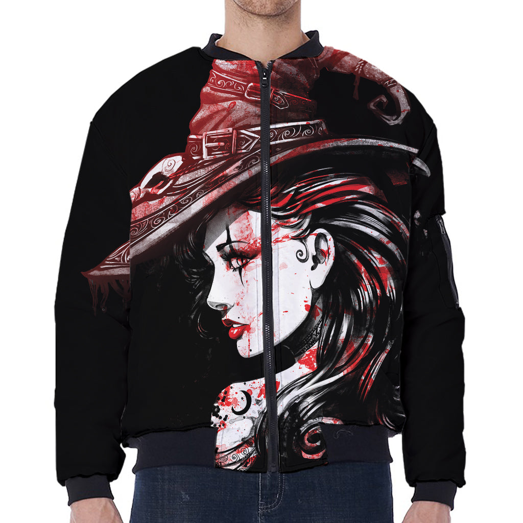 Halloween Vampire Girl Print Zip Sleeve Bomber Jacket