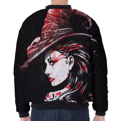 Halloween Vampire Girl Print Zip Sleeve Bomber Jacket