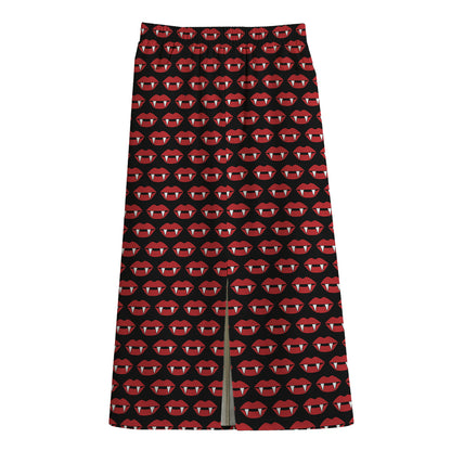 Halloween Vampire Lips Pattern Print Cotton Front Slit Maxi Skirt