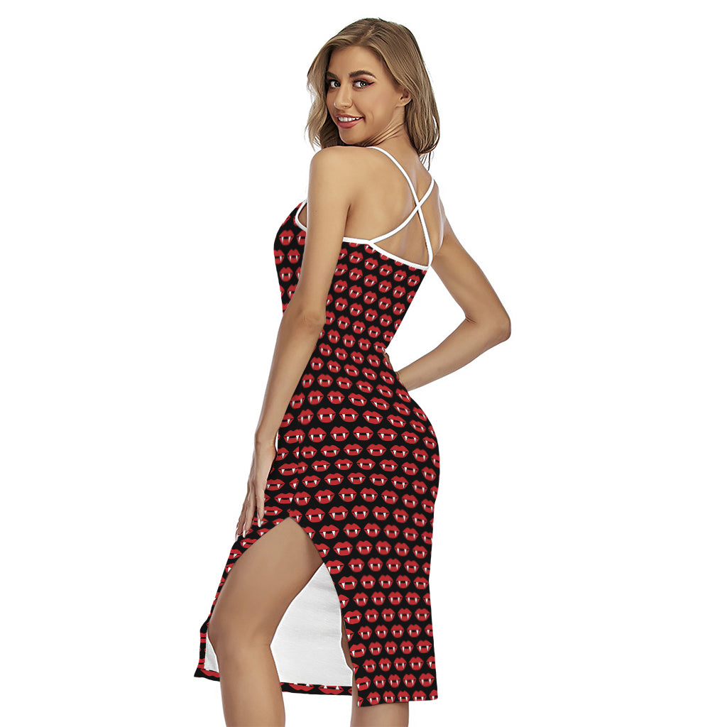 Halloween Vampire Lips Pattern Print Cross Back Cami Dress