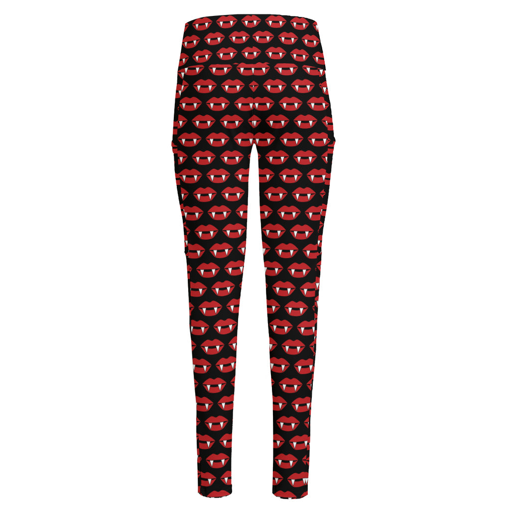 Halloween Vampire Lips Pattern Print High-Waisted Pocket Leggings