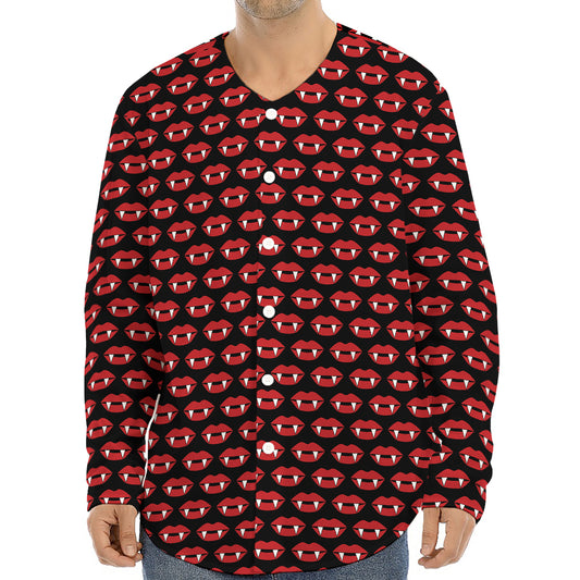 Halloween Vampire Lips Pattern Print Long Sleeve Baseball Jersey