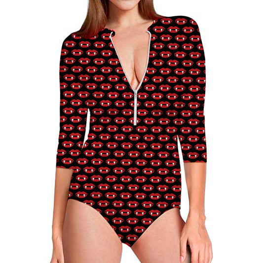 Halloween Vampire Lips Pattern Print Long Sleeve Swimsuit
