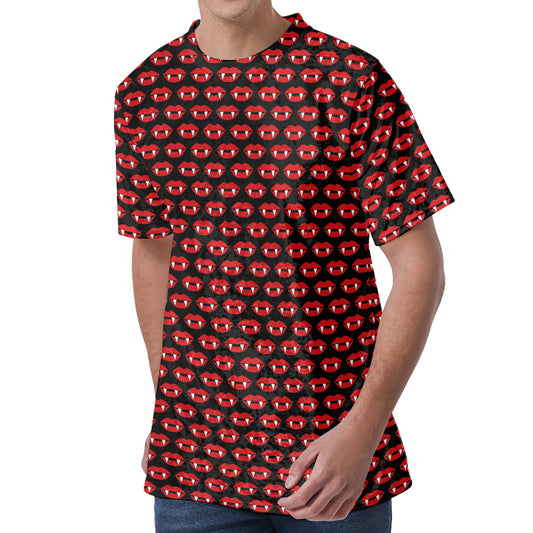 Halloween Vampire Lips Pattern Print Men's Velvet T-Shirt