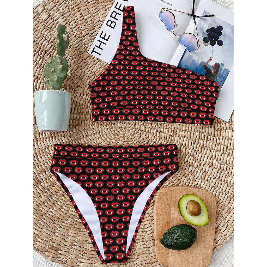 Halloween Vampire Lips Pattern Print One Shoulder Bikini Top