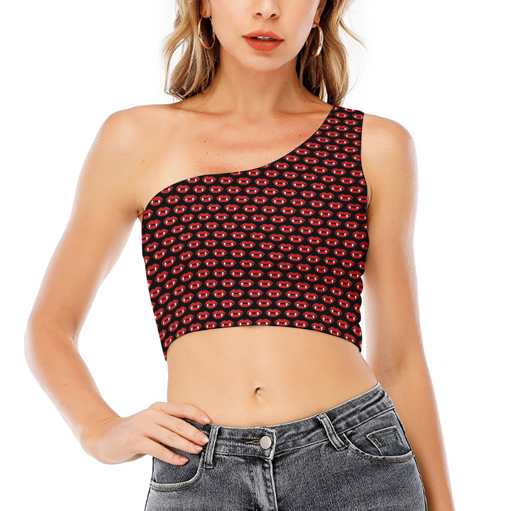 Halloween Vampire Lips Pattern Print One Shoulder Crop Top