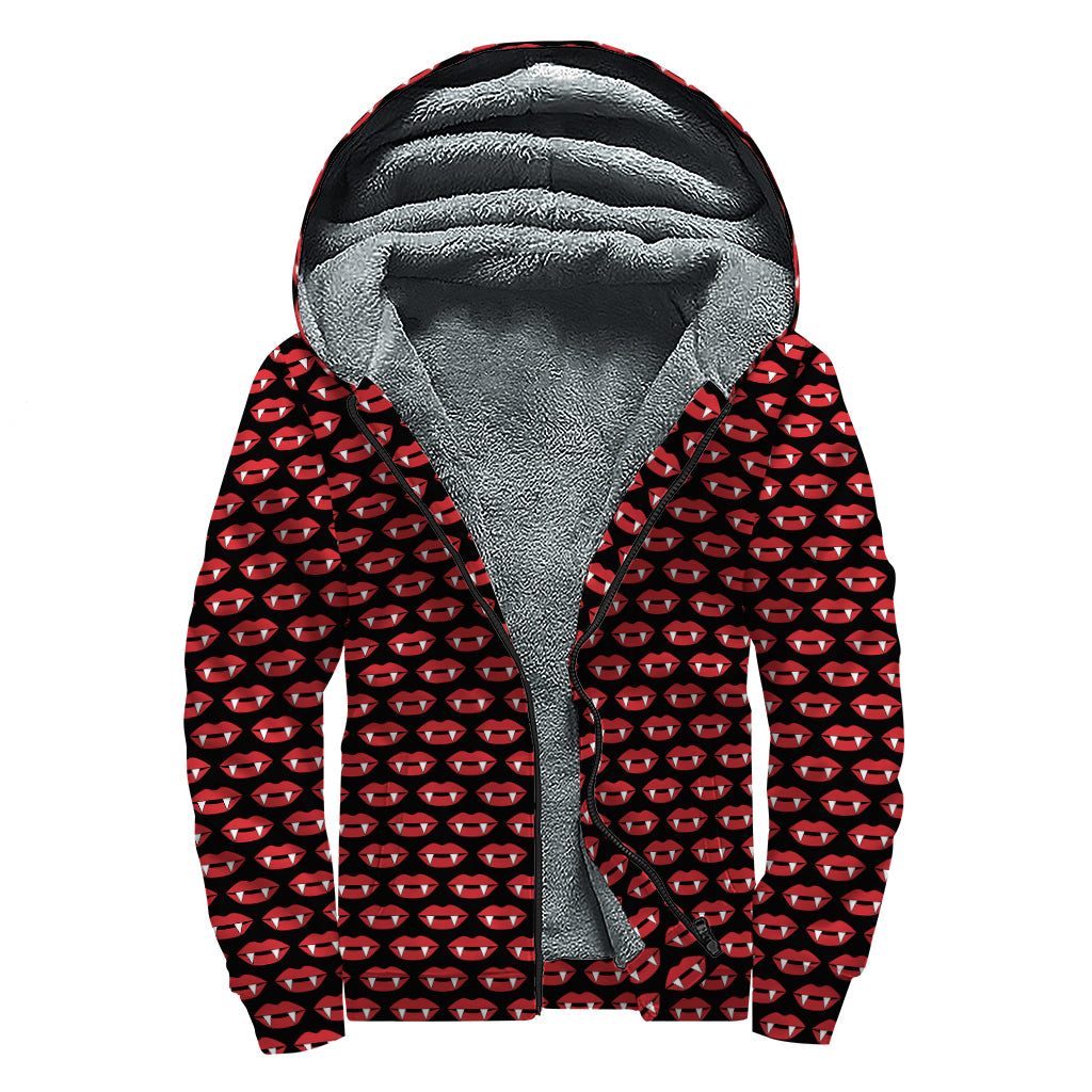 Halloween Vampire Lips Pattern Print Sherpa Lined Zip Up Hoodie