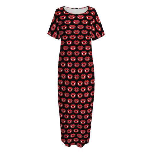 Halloween Vampire Lips Pattern Print Short Sleeve Long Nightdress