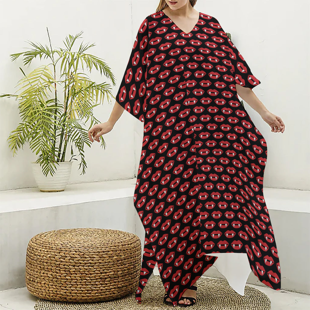 Halloween Vampire Lips Pattern Print Silk V-Neck Kaftan Dress