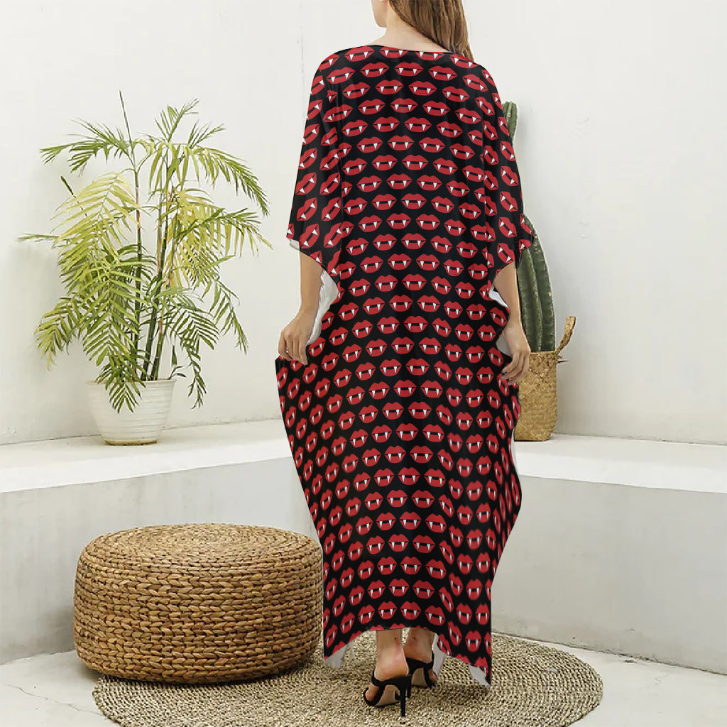 Halloween Vampire Lips Pattern Print Silk V-Neck Kaftan Dress