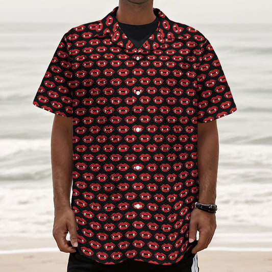 Halloween Vampire Lips Pattern Print Textured Short Sleeve Shirt