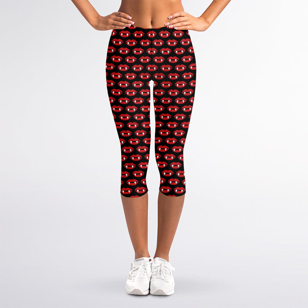 Halloween Vampire Lips Pattern Print Women's Capri Leggings