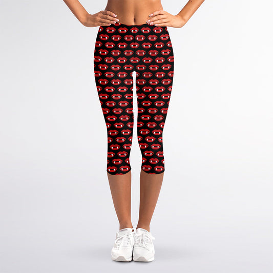 Halloween Vampire Lips Pattern Print Women's Capri Leggings