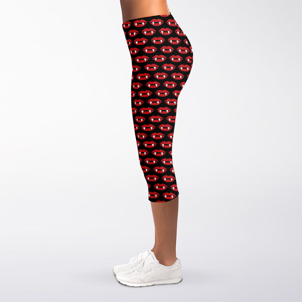 Halloween Vampire Lips Pattern Print Women's Capri Leggings