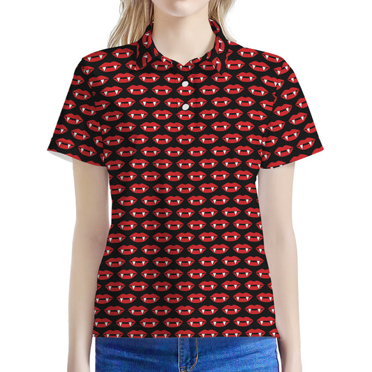 Halloween Vampire Lips Pattern Print Women's Polo Shirt