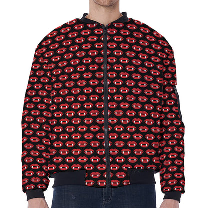 Halloween Vampire Lips Pattern Print Zip Sleeve Bomber Jacket