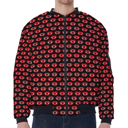 Halloween Vampire Lips Pattern Print Zip Sleeve Bomber Jacket