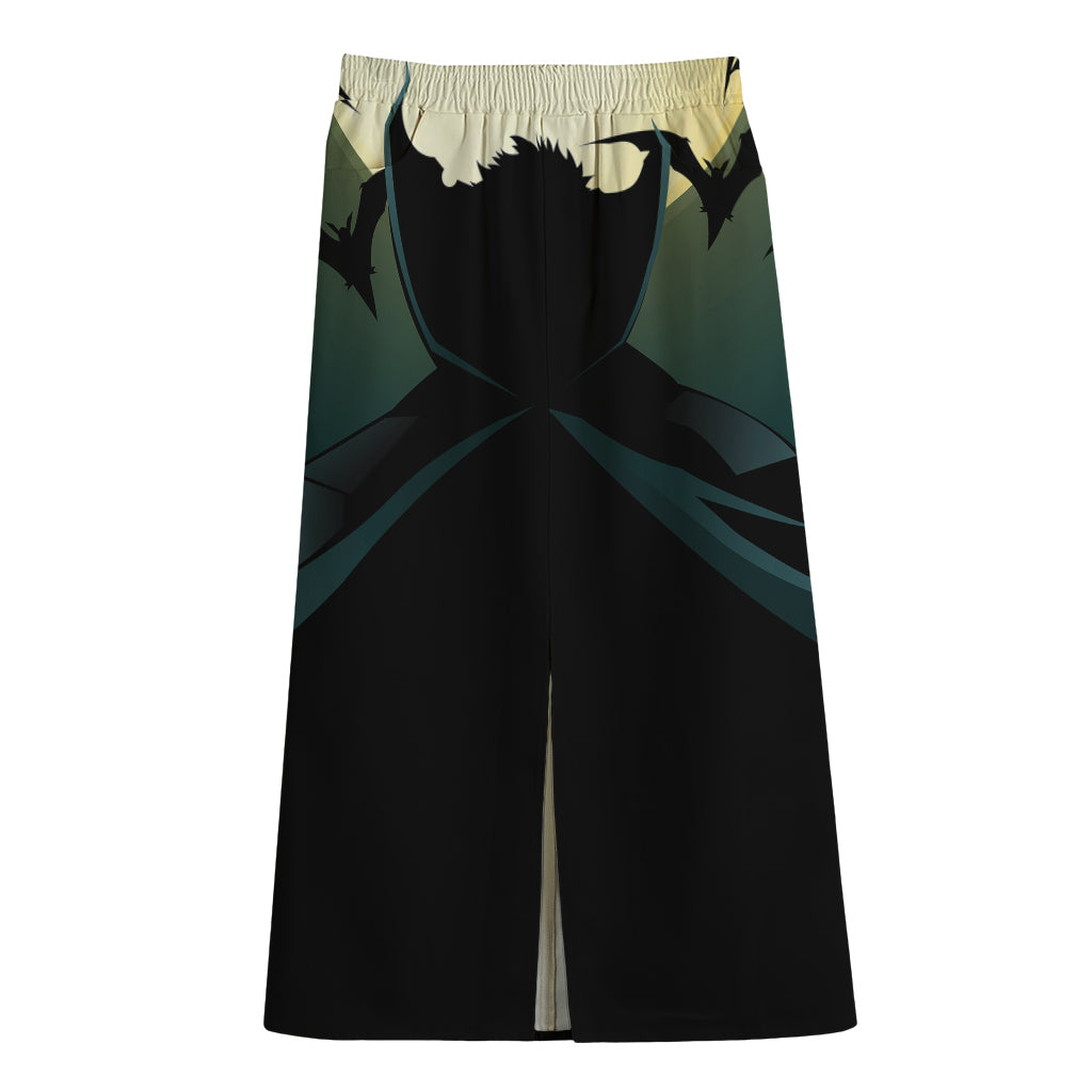 Halloween Vampire Silhouette Print Cotton Front Slit Maxi Skirt
