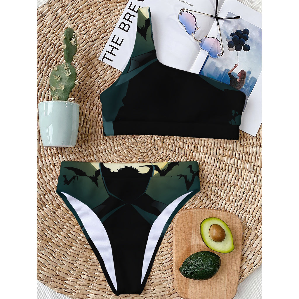 Halloween Vampire Silhouette Print One Shoulder Bikini Top