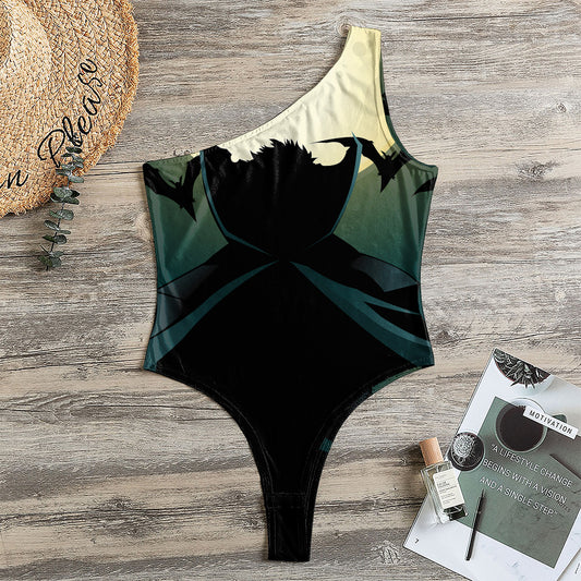 Halloween Vampire Silhouette Print One Shoulder Bodysuit