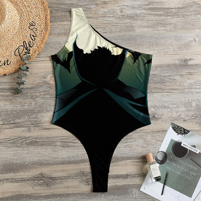 Halloween Vampire Silhouette Print One Shoulder Bodysuit