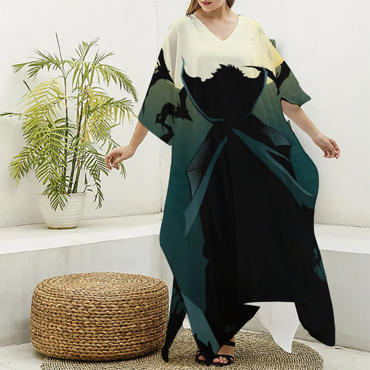 Halloween Vampire Silhouette Print Silk V-Neck Kaftan Dress