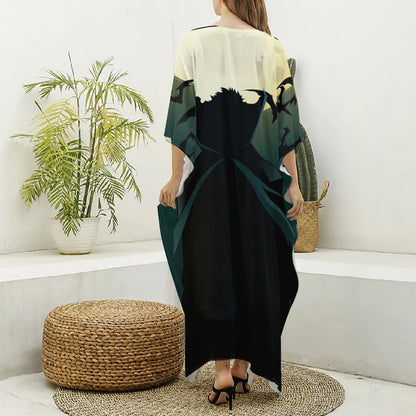 Halloween Vampire Silhouette Print Silk V-Neck Kaftan Dress