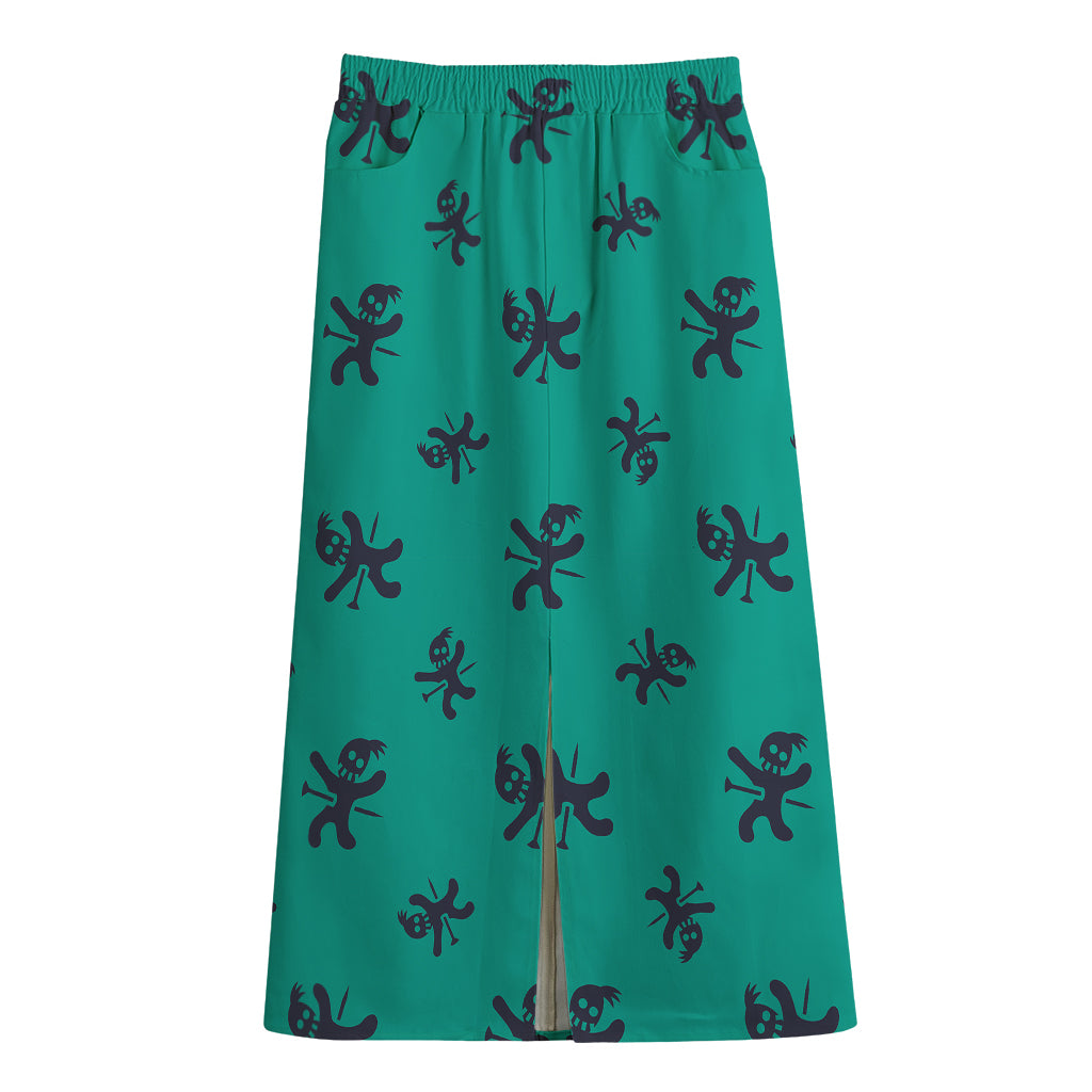 Halloween Voodoo Doll Pattern Print Cotton Front Slit Maxi Skirt