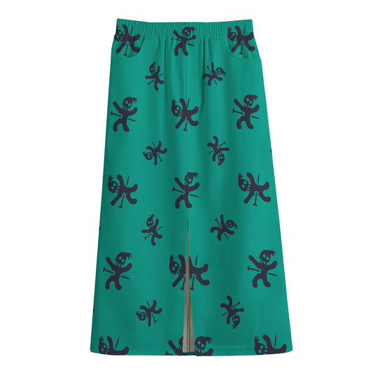 Halloween Voodoo Doll Pattern Print Cotton Front Slit Maxi Skirt