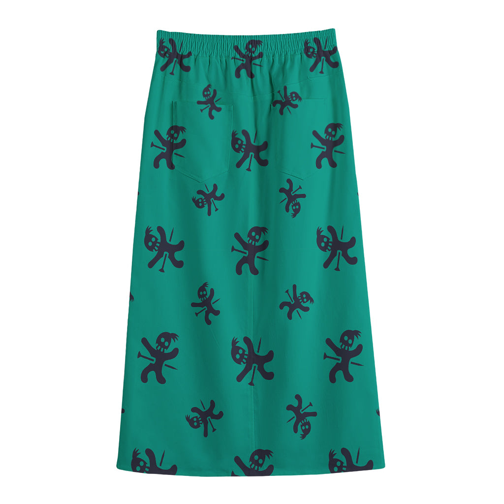 Halloween Voodoo Doll Pattern Print Cotton Front Slit Maxi Skirt