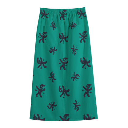 Halloween Voodoo Doll Pattern Print Cotton Front Slit Maxi Skirt
