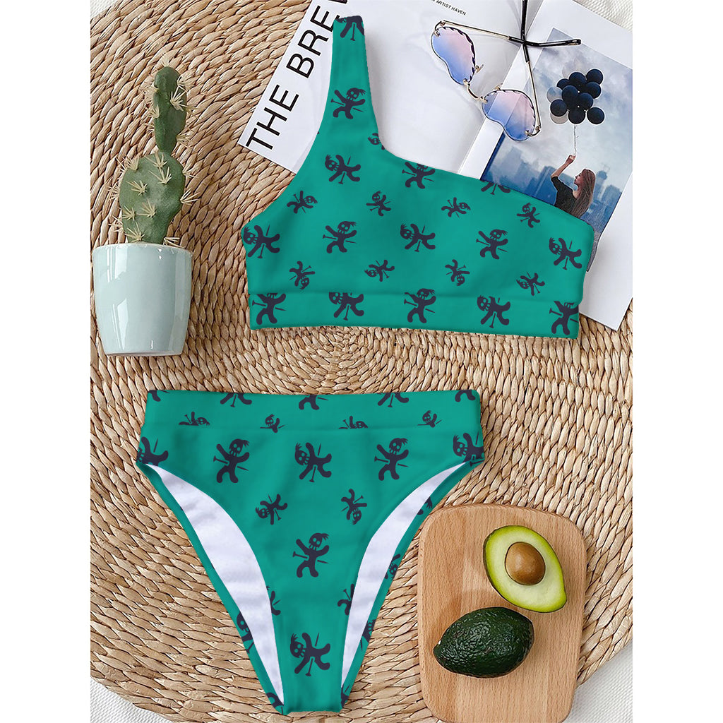 Halloween Voodoo Doll Pattern Print One Shoulder Bikini Top