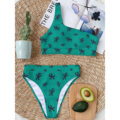 Halloween Voodoo Doll Pattern Print One Shoulder Bikini Top