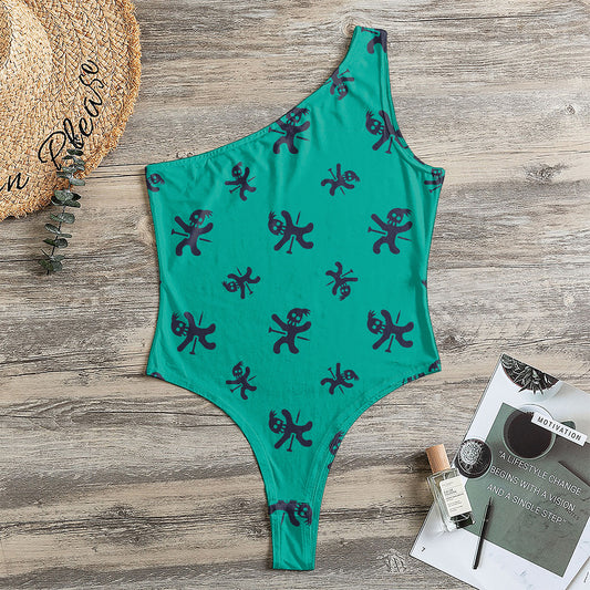 Halloween Voodoo Doll Pattern Print One Shoulder Bodysuit