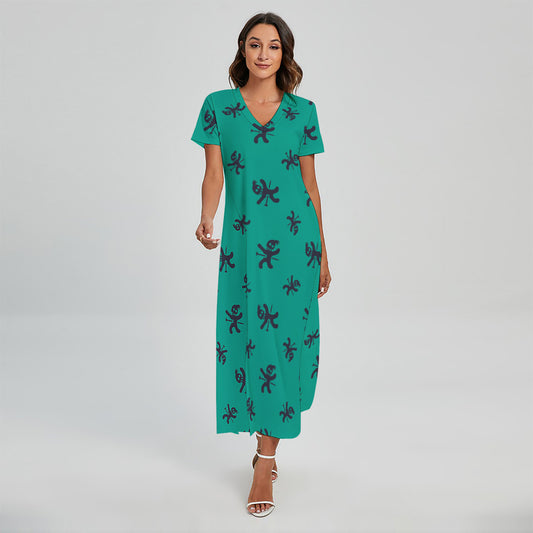 Halloween Voodoo Doll Pattern Print Short Sleeve Maxi Dress