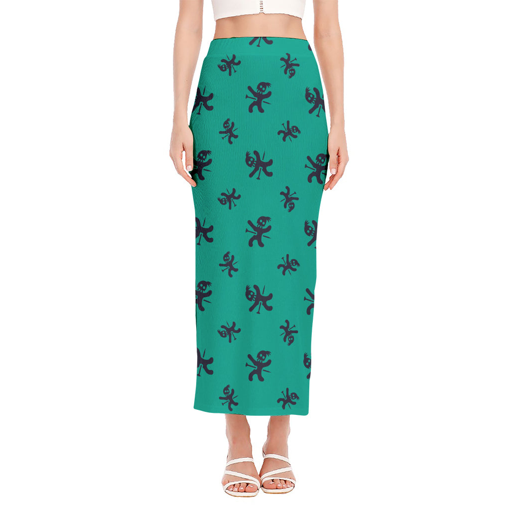 Halloween Voodoo Doll Pattern Print Side Slit Maxi Skirt
