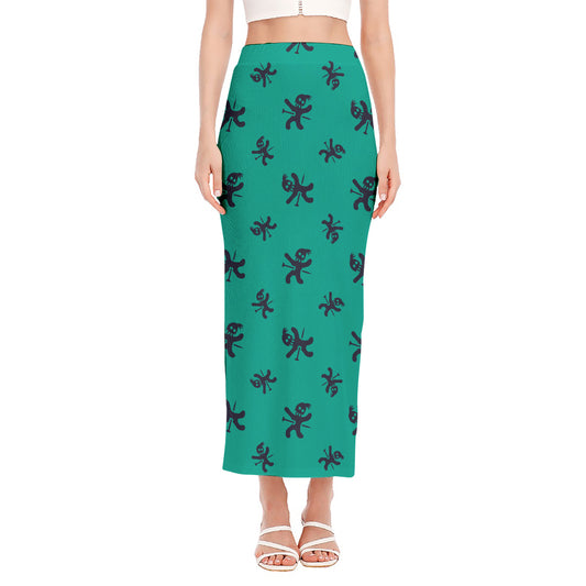 Halloween Voodoo Doll Pattern Print Side Slit Maxi Skirt