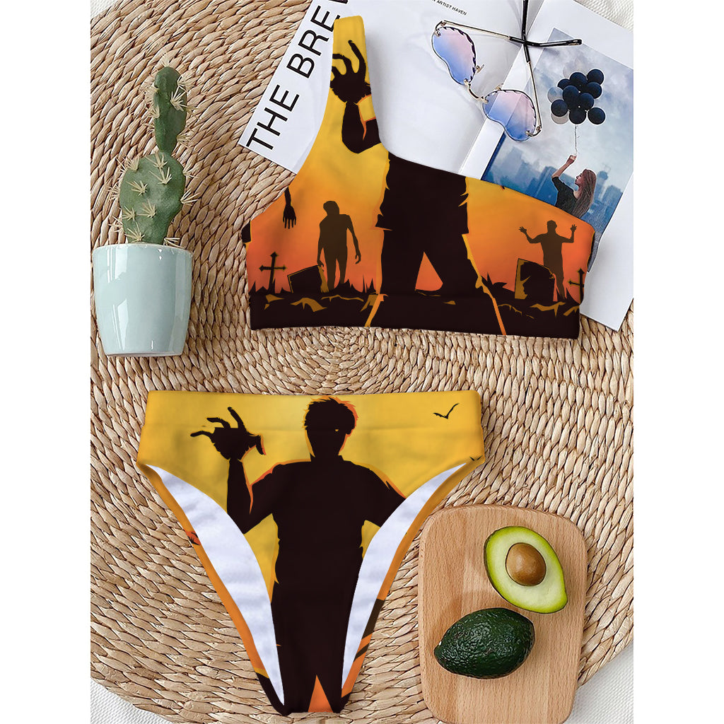 Halloween Walking Zombie Print One Shoulder Bikini Top