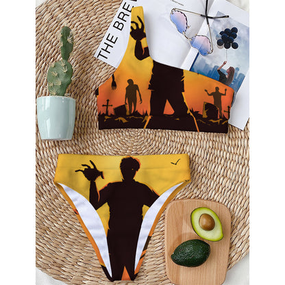 Halloween Walking Zombie Print One Shoulder Bikini Top