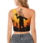 Halloween Walking Zombie Print One Shoulder Crop Top