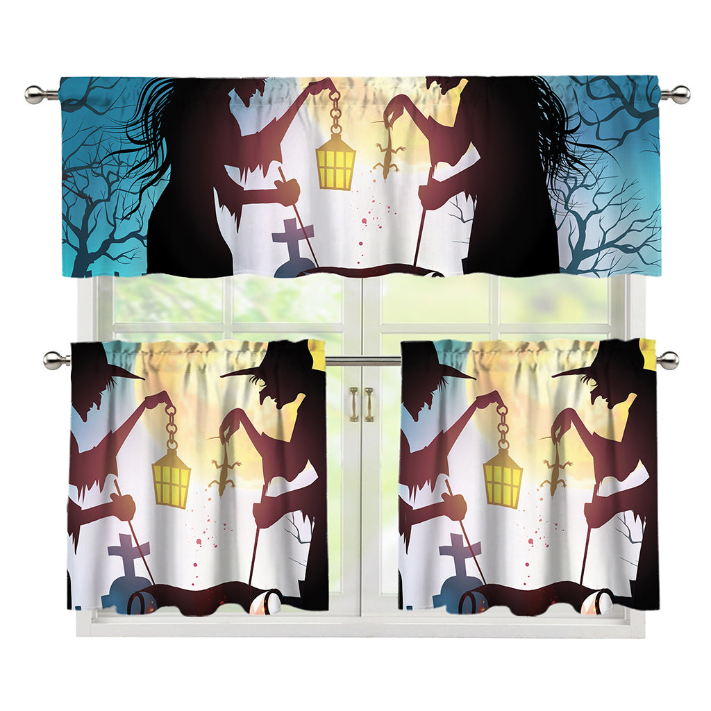 Halloween Witch And Cauldron Print 3 Piece Kitchen Curtains