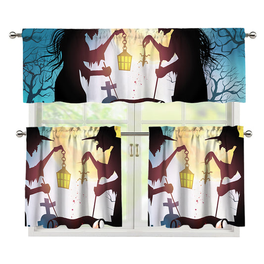 Halloween Witch And Cauldron Print 3 Piece Kitchen Curtains