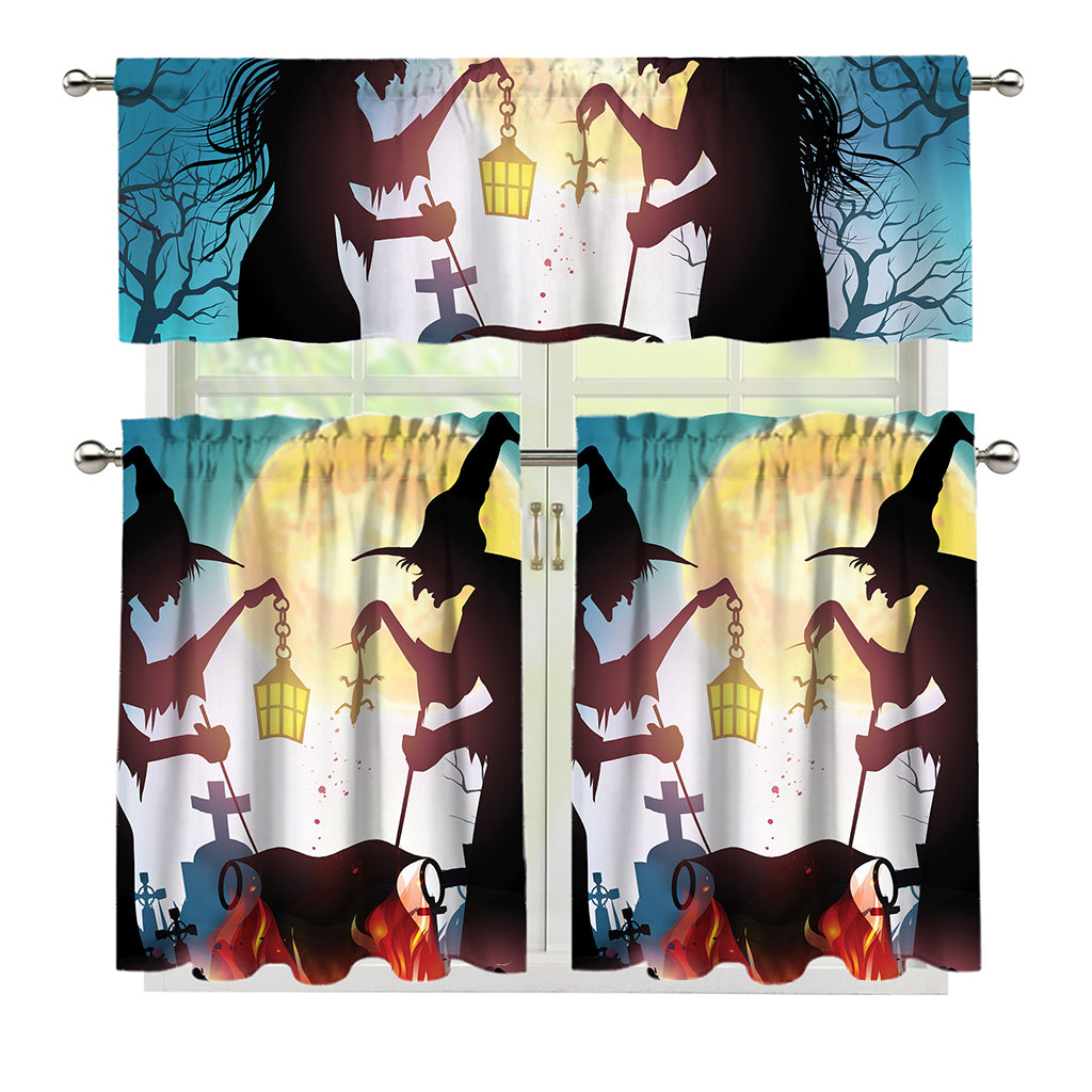 Halloween Witch And Cauldron Print 3 Piece Kitchen Curtains