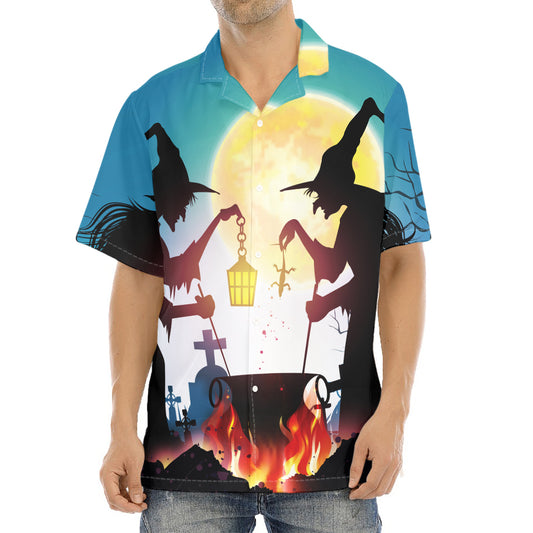 Halloween Witch And Cauldron Print Aloha Shirt