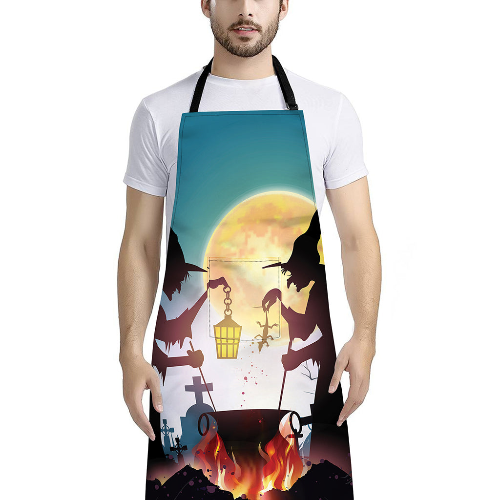 Halloween Witch And Cauldron Print Bib Apron With Pocket