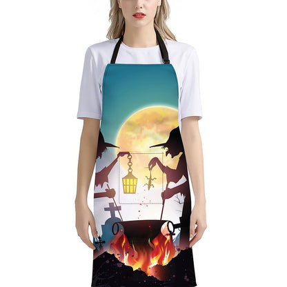 Halloween Witch And Cauldron Print Bib Apron With Pocket