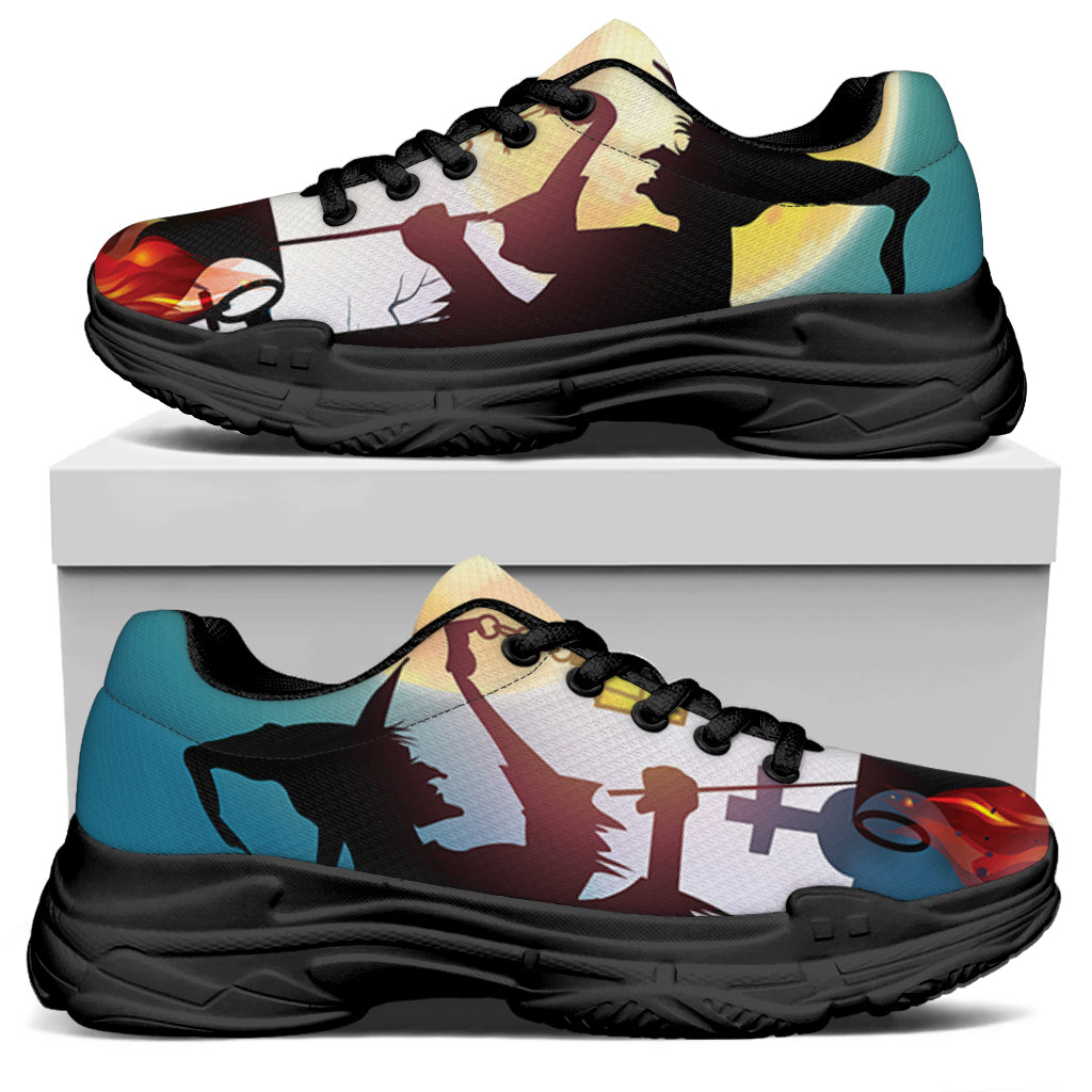 Halloween Witch And Cauldron Print Black Chunky Shoes